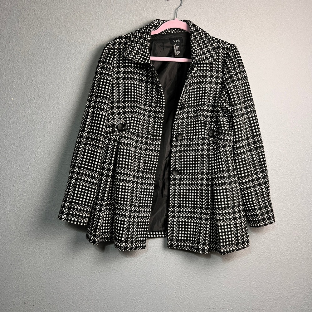 RQT Womens Black White Tweed Checkered Pea Coat Jacket‎ Size 8 Wool Blend Granny